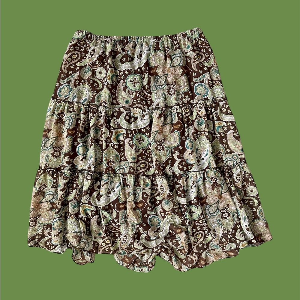Women’s Paisley Skirt‎ Size 10 Brown Green 3-Tiered Stretchy Slip Lined Flowy